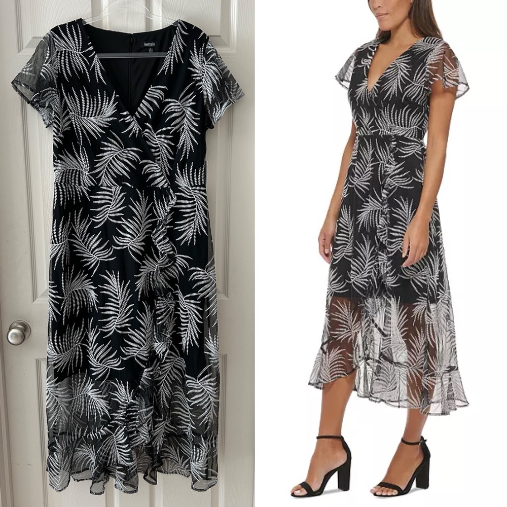 Kensie Embroidered Palm Mesh Midi Dress Black White Faux Wrap Flutter Sleeve